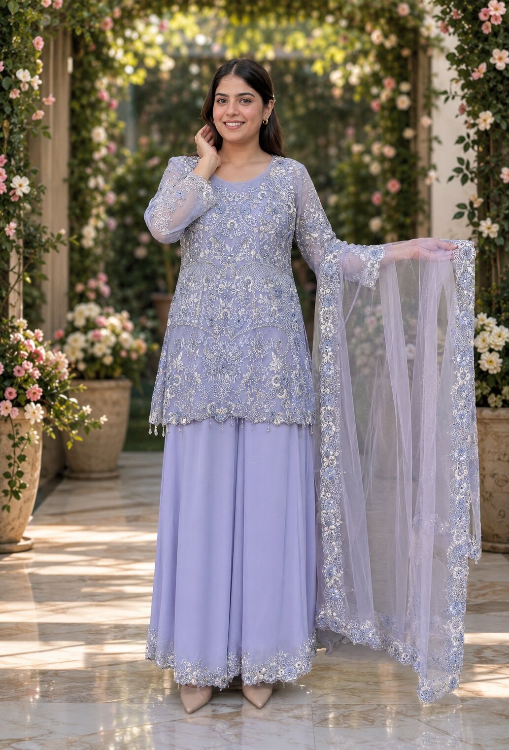 Beautiful Pakistani Style Embroidered Sharara Suit with Georgette Bottom & Embroidered Dupatta