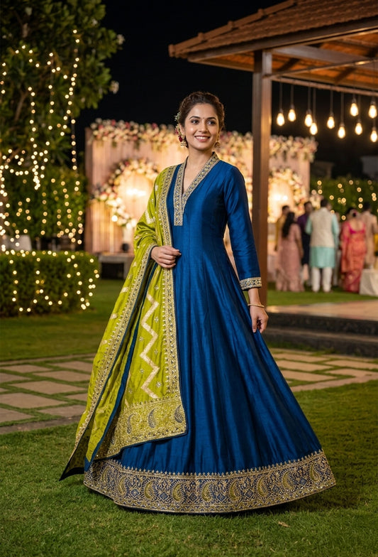 Silk Embroidered Anarkalis With Contrast Duppattas