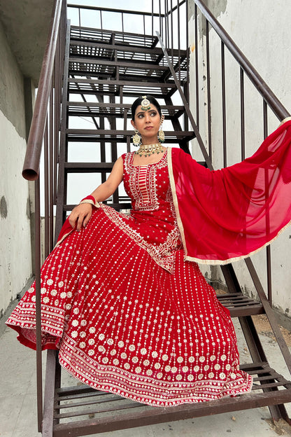 Indo Western dress in Hand Embroidered Straight Shirt With Zari Embroidered Lehenga In Red