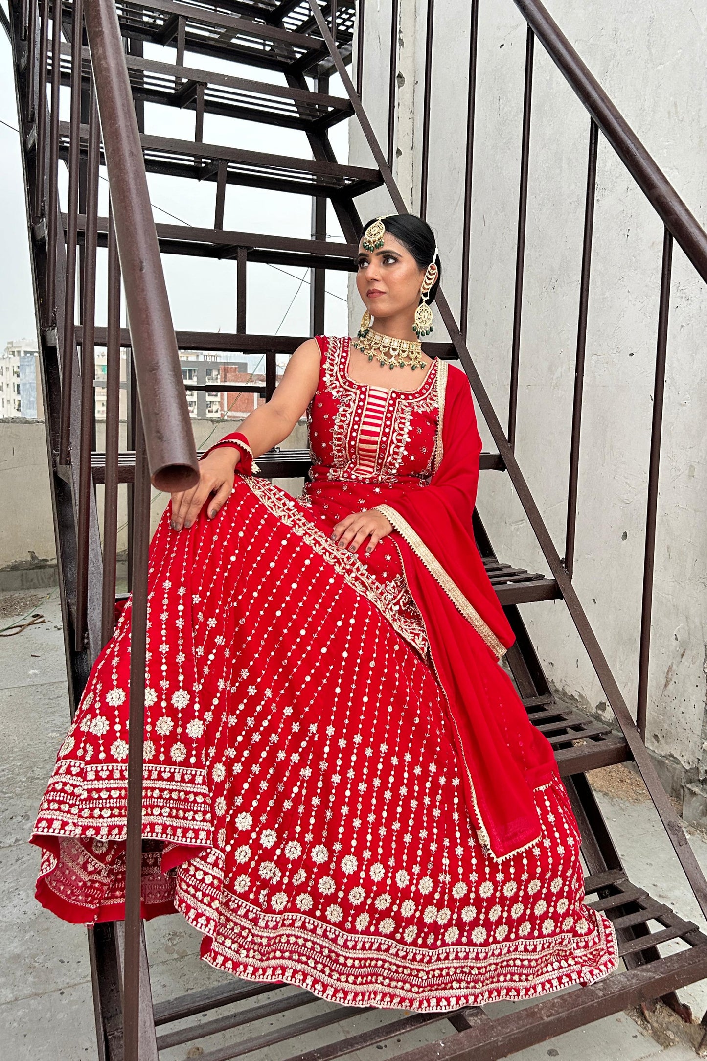 Indo Western dress in Hand Embroidered Straight Shirt With Zari Embroidered Lehenga In Red