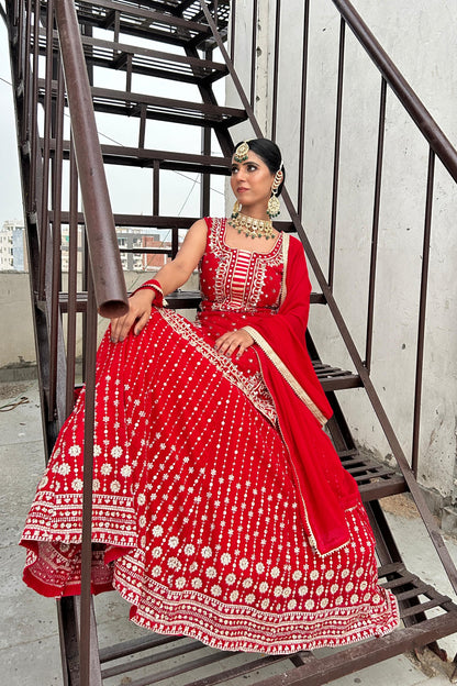 Indo Western dress in Hand Embroidered Straight Shirt With Zari Embroidered Lehenga In Red