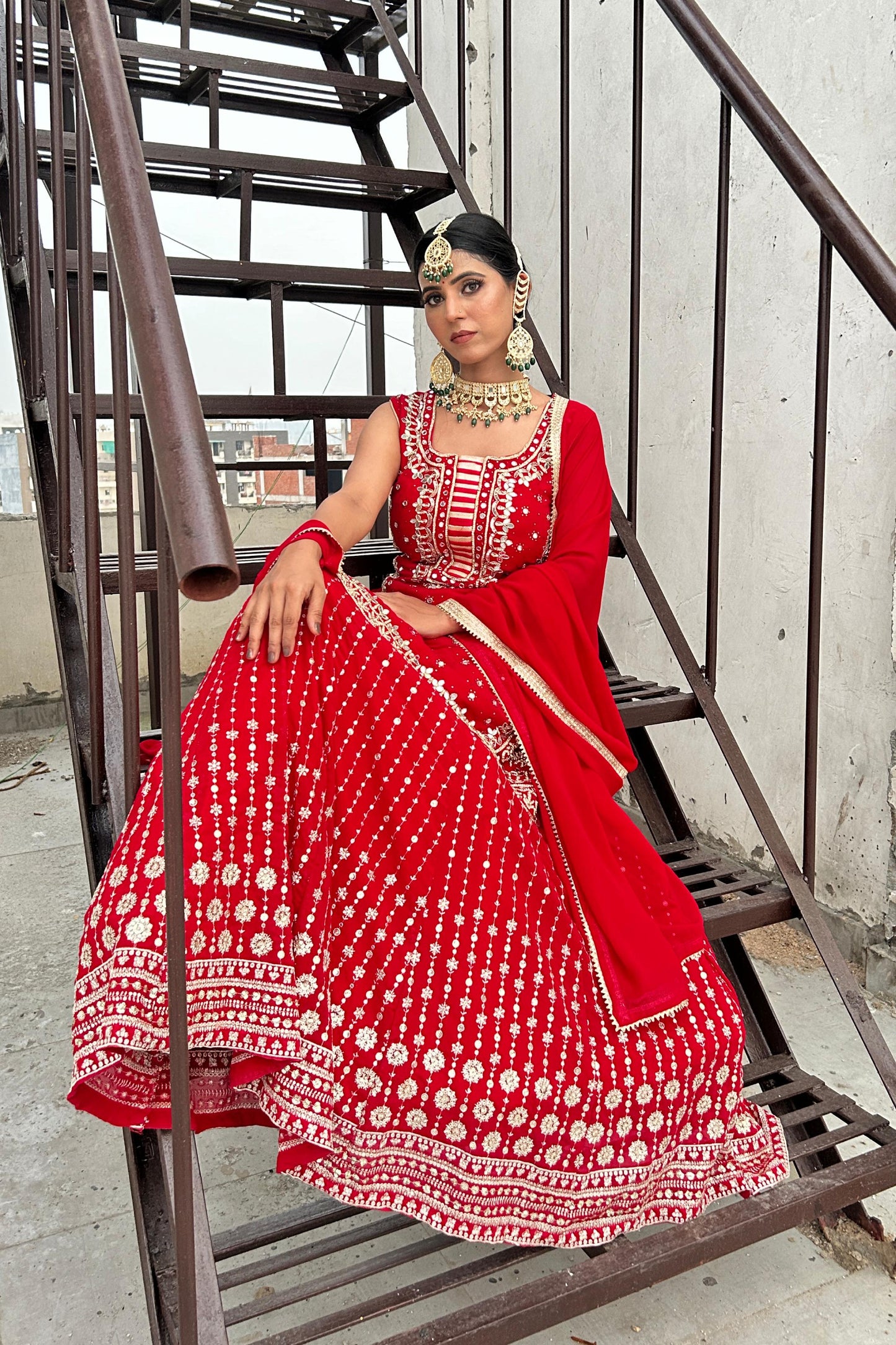 Indo Western dress in Hand Embroidered Straight Shirt With Zari Embroidered Lehenga In Red