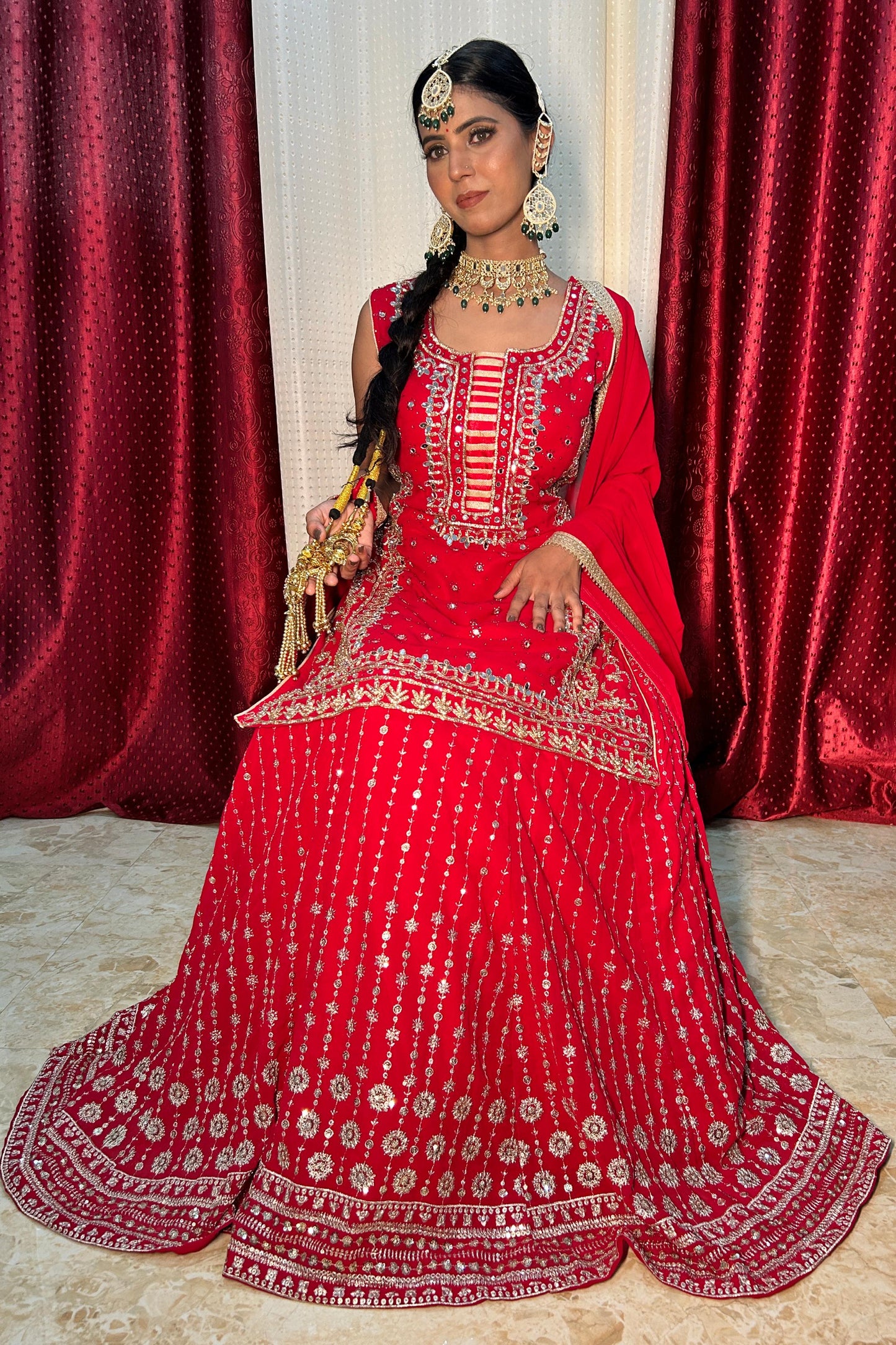 Indo Western dress in Hand Embroidered Straight Shirt With Zari Embroidered Lehenga In Red