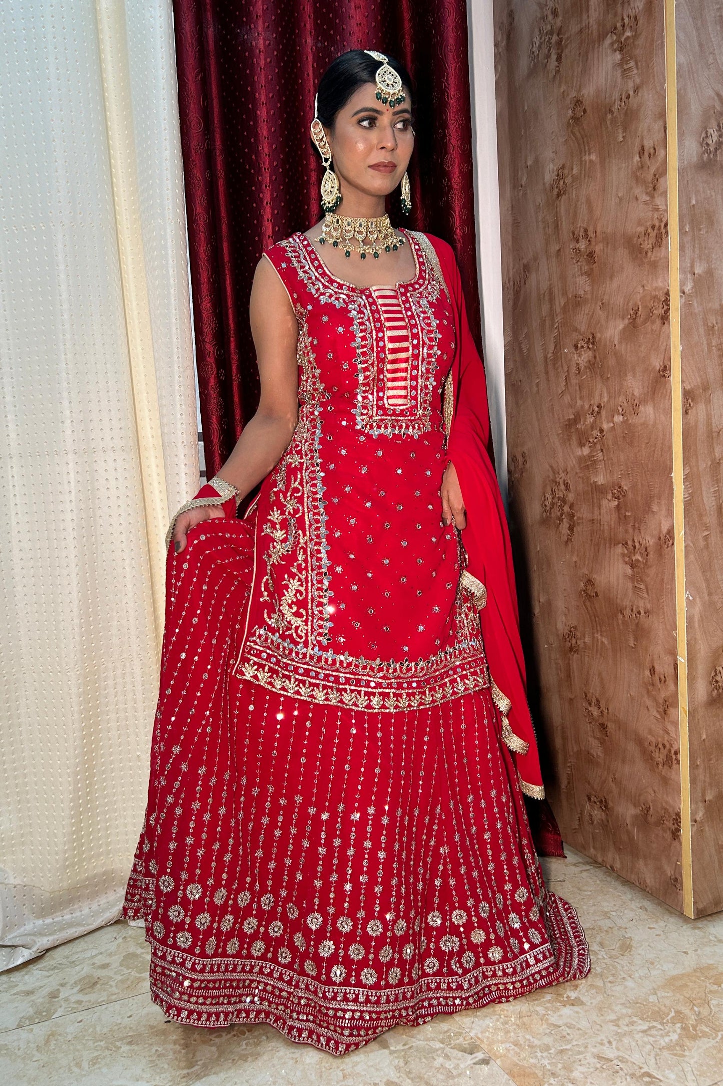 Indo Western dress in Hand Embroidered Straight Shirt With Zari Embroidered Lehenga In Red