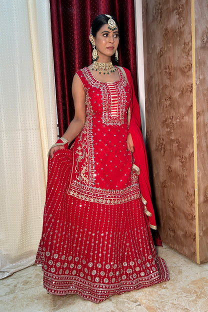 Indo Western dress in Hand Embroidered Straight Shirt With Zari Embroidered Lehenga In Red