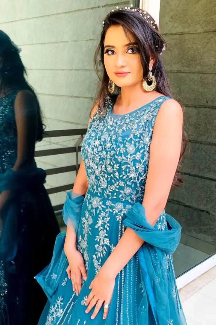 Hand Embroidered Barbie Gown In Blue Colour