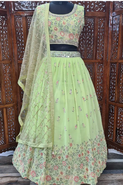 Georgette Lehenga Choli In Parrot Green