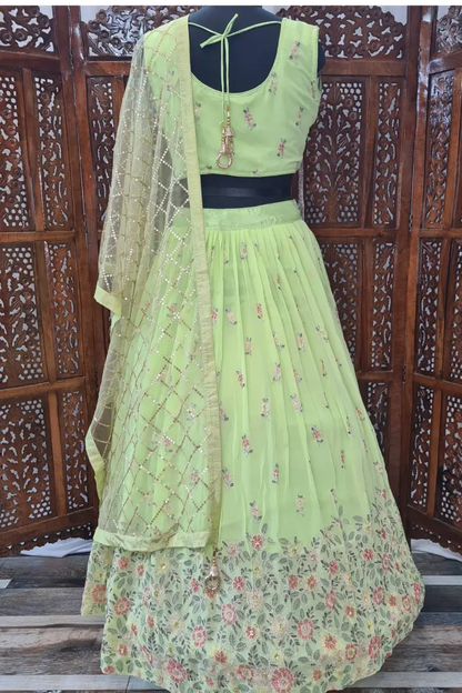 Georgette Lehenga Choli In Parrot Green