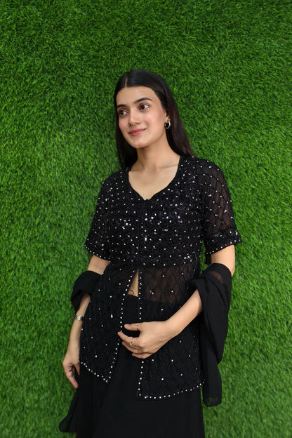 Hand Work Girlish Short Shirt Sharara Suit In Black