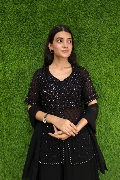 Hand Work Girlish Short Shirt Sharara Suit In Black