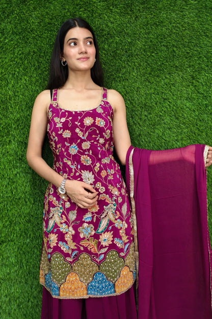 Spaghetti Style Girlish Sharara Suit In Silk