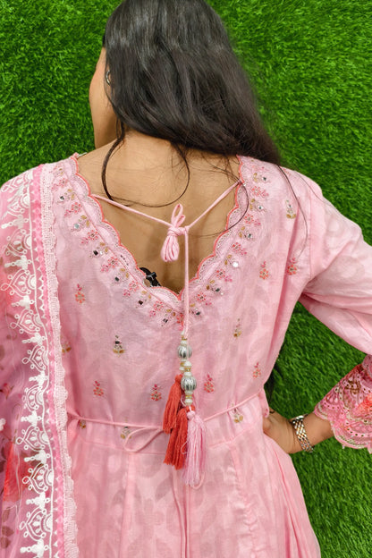 Cotton Anarkali Partywear Kurta Set With Organza Duppatta