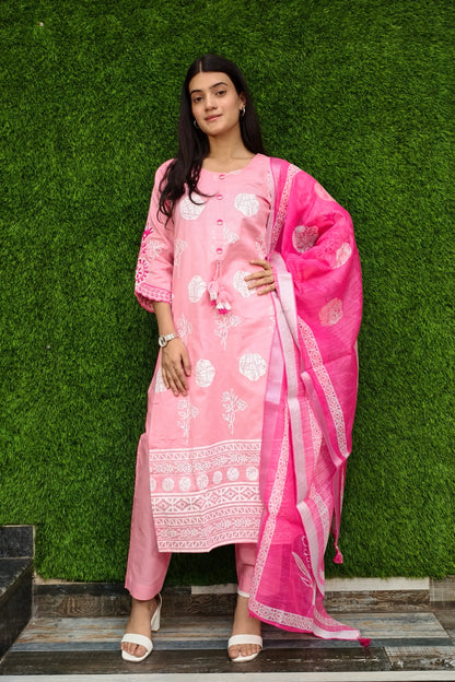 Cotton Slub Embroidered Suit Set With Contrast Duppatta