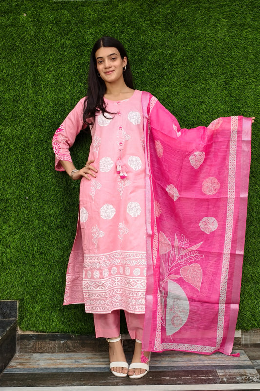 Cotton Slub Embroidered Suit Set With Contrast Duppatta