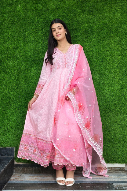 Cotton Anarkali Partywear Kurta Set With Organza Duppatta