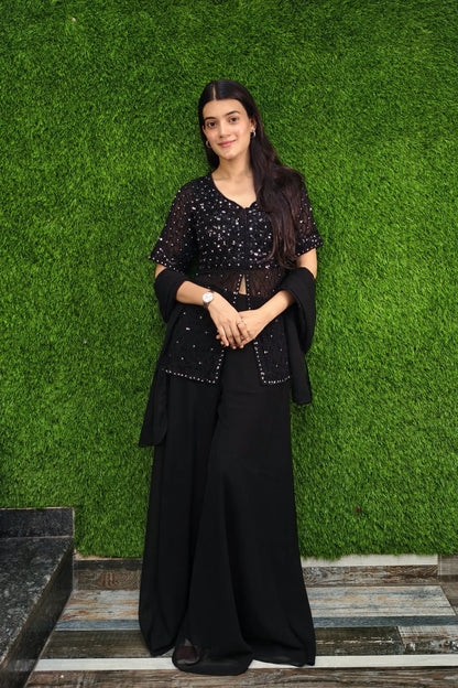 Hand Work Girlish Short Shirt Sharara Suit In Black
