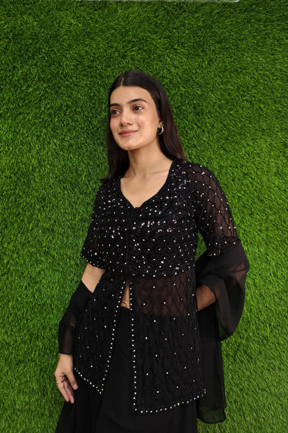 Hand Work Girlish Short Shirt Sharara Suit In Black
