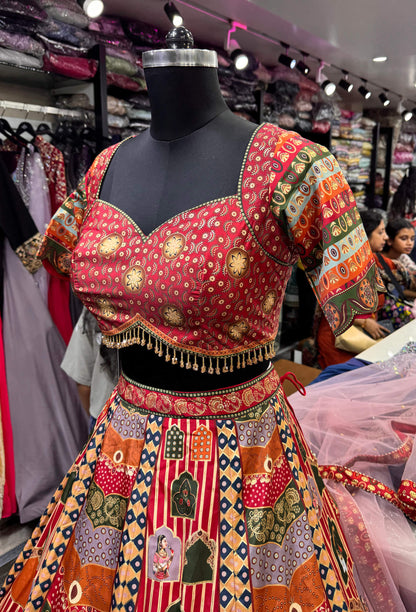 PDP Styled Digital Print Anarkali Lehenga with Cushion Tassel Accents