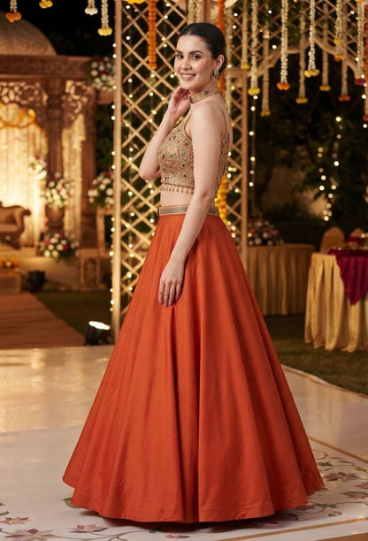 Spaghetti Style Emerald Stone Work Lehenga Choli with Choker Dupatta