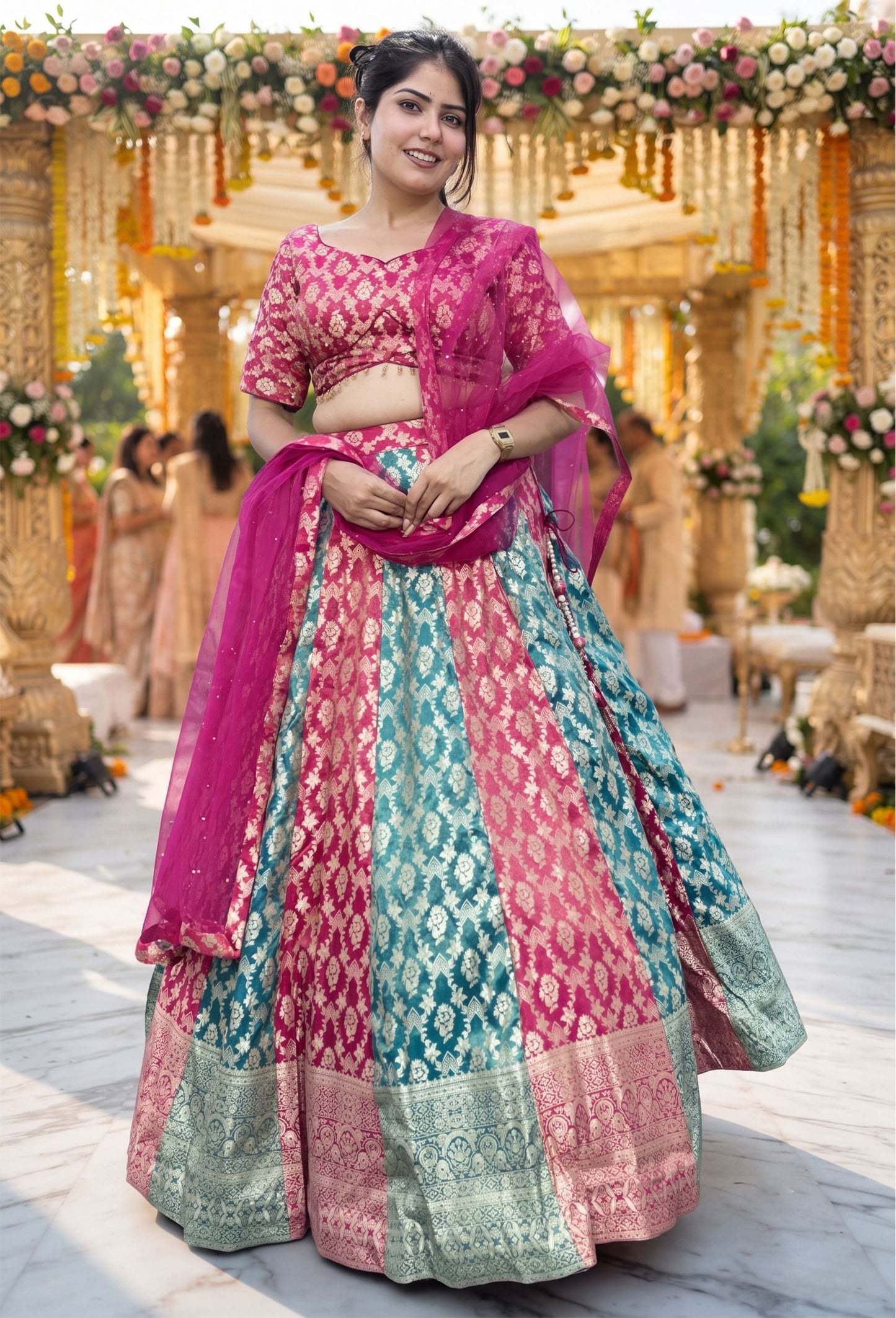 Pure Banarasi Kaliya Lehenga Choli with Half Sleeve Blouse & Border Dupatta