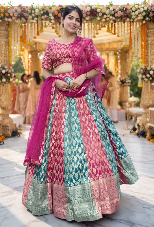Pure Banarasi Kaliya Lehenga Choli with Half Sleeve Blouse & Border Dupatta