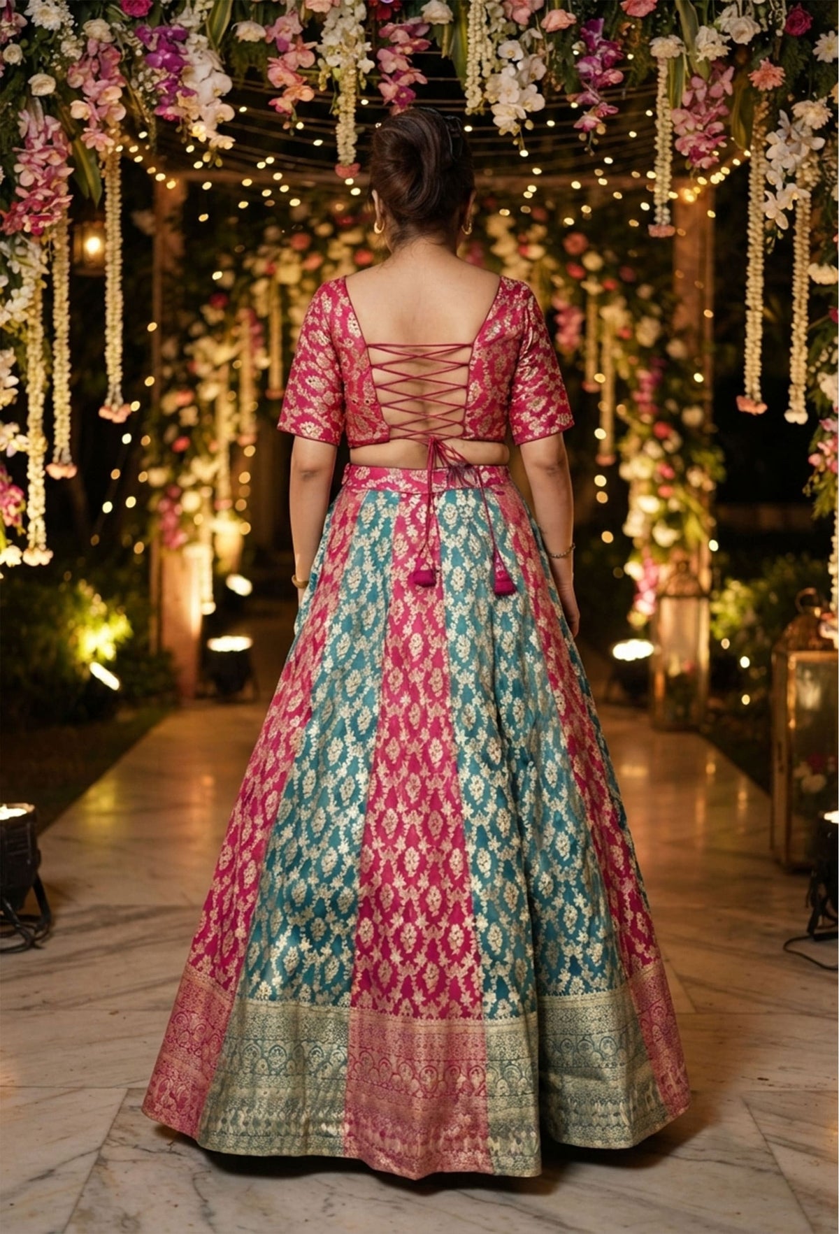 Pure Banarasi Kaliya Lehenga Choli with Half Sleeve Blouse & Border Dupatta