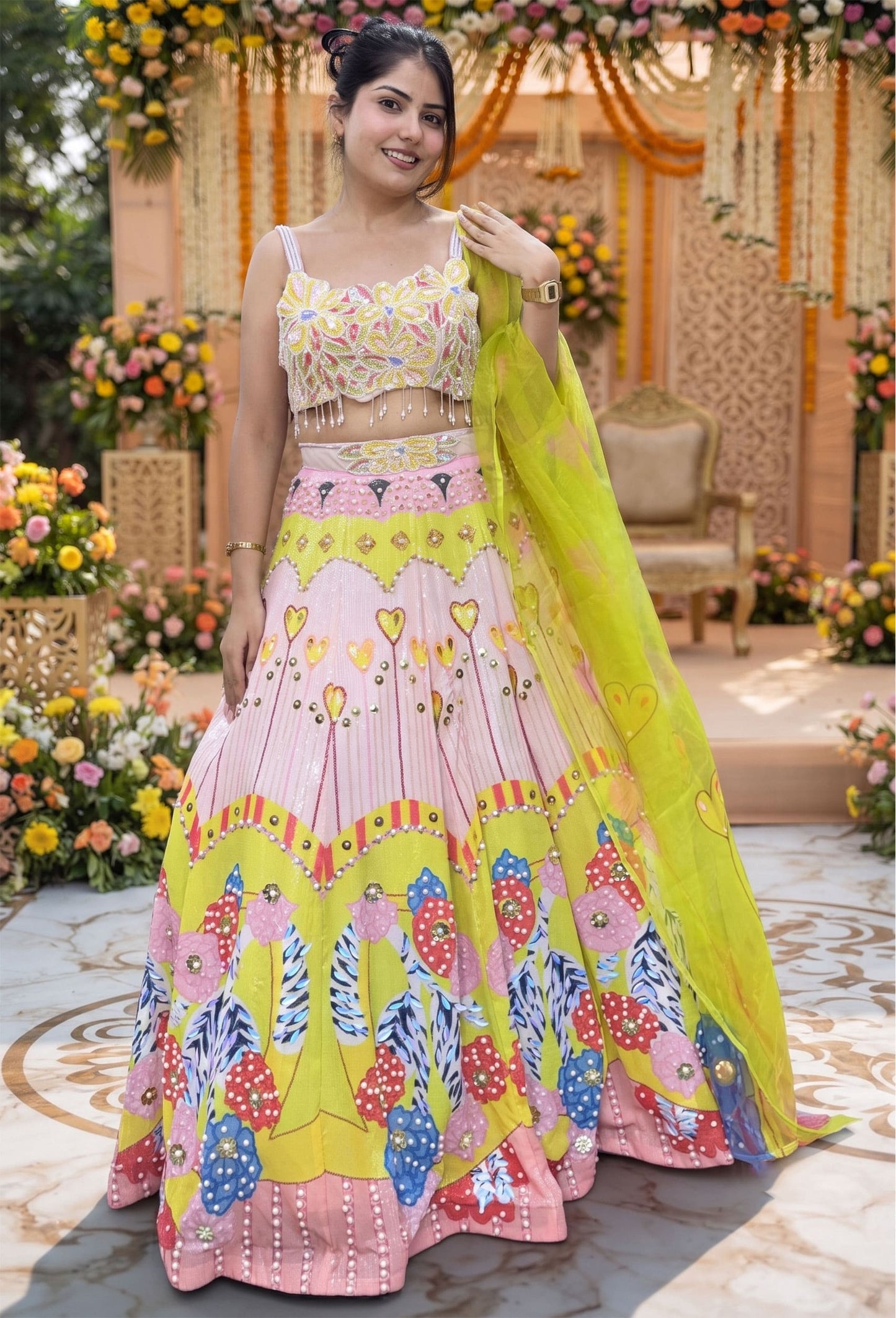 PDP Style Didgital Printed Neon Lehenga Choli with Pearl Beaded Blouse & Contrast Dupatta
