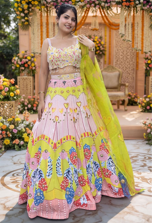 PDP Style Didgital Printed Neon Lehenga Choli with Pearl Beaded Blouse & Contrast Dupatta