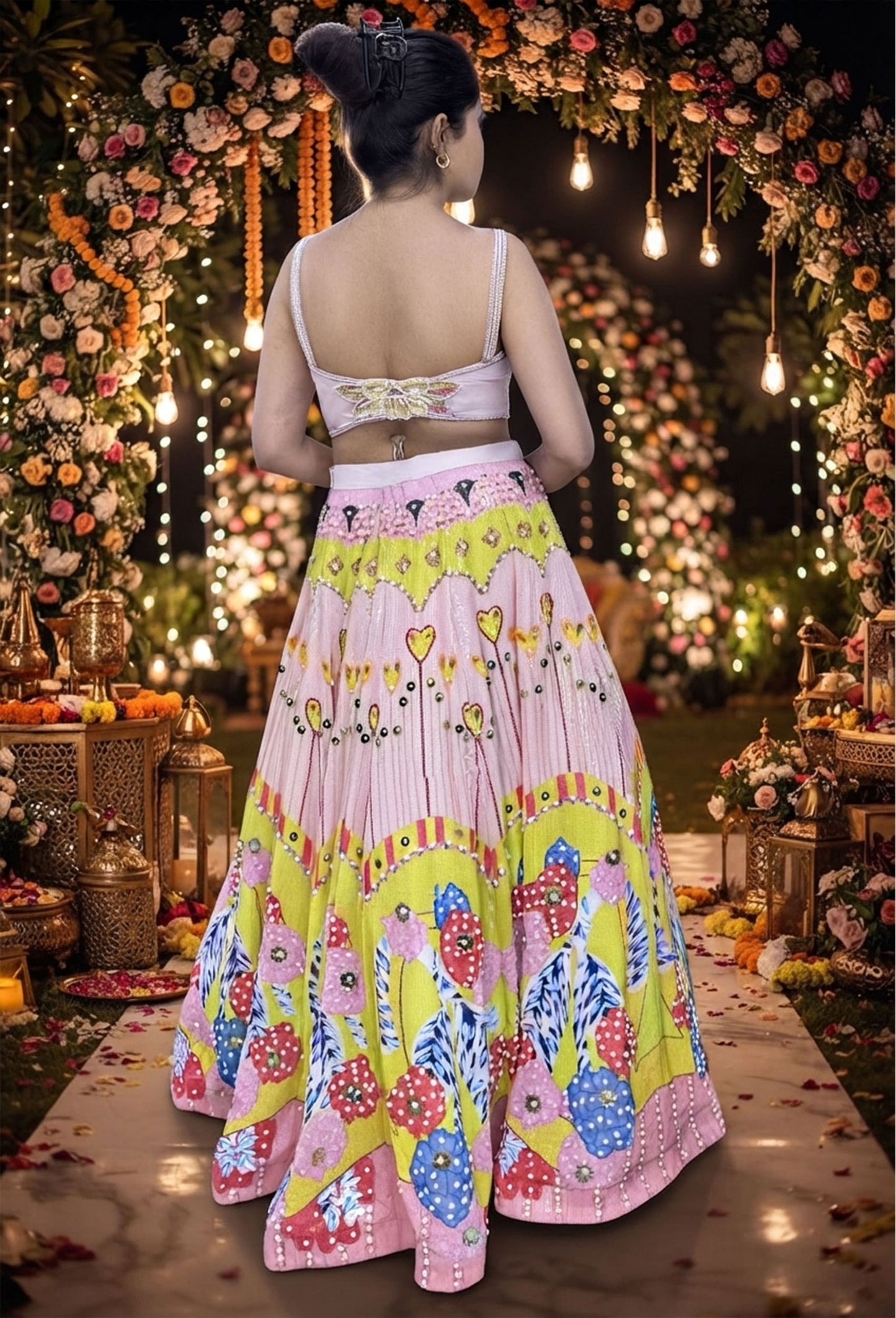 PDP Style Didgital Printed Neon Lehenga Choli with Pearl Beaded Blouse & Contrast Dupatta