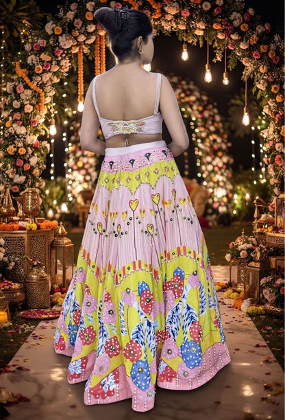 PDP Style Didgital Printed Neon Lehenga Choli with Pearl Beaded Blouse & Contrast Dupatta