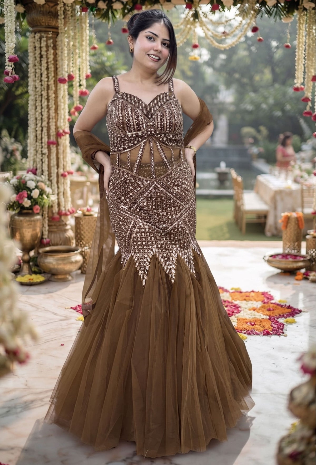 Hand Embellished Fish Cut Lehenga with Corset Style Choli and Embroidered Net Dupatta