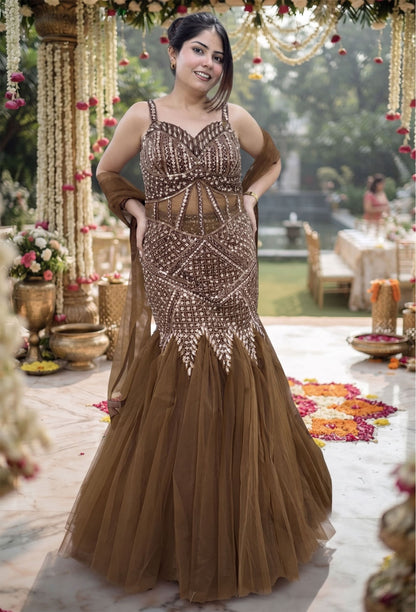 Hand Embellished Fish Cut Lehenga with Corset Style Choli and Embroidered Net Dupatta