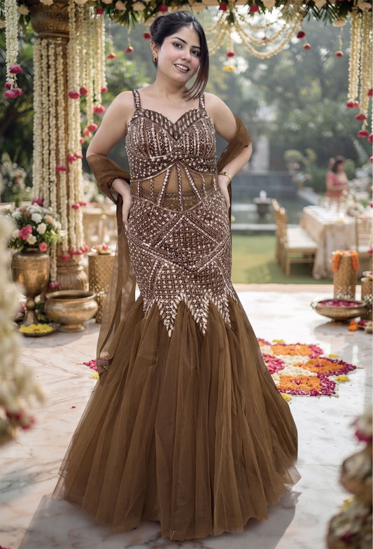Hand Embellished Fish Cut Lehenga with Corset Style Choli and Embroidered Net Dupatta