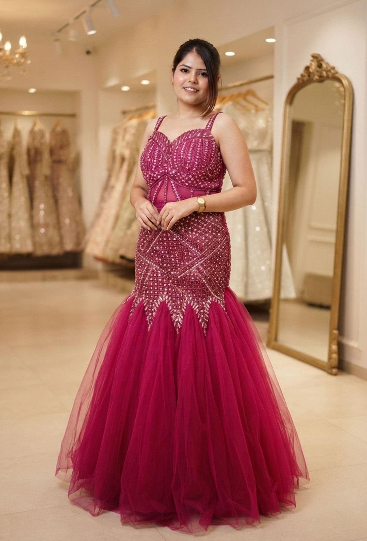 Hand Embellished Fish Cut Lehenga with Corset Style Choli and Embroidered Net Dupatta