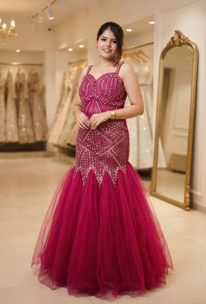 Hand Embellished Fish Cut Lehenga with Corset Style Choli and Embroidered Net Dupatta