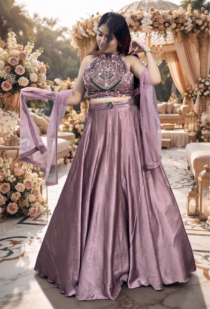 Halter Neck Emerald Stone Work Lehenga Choli with Net Dupatta
