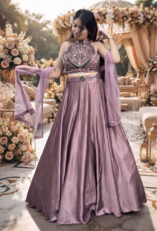 Halter Neck Emerald Stone Work Lehenga Choli with Net Dupatta