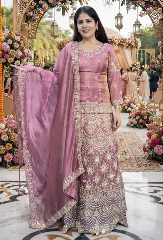 Designer Indo Western Lehenga Set with Embroidered Full Sleeves Short Shirt