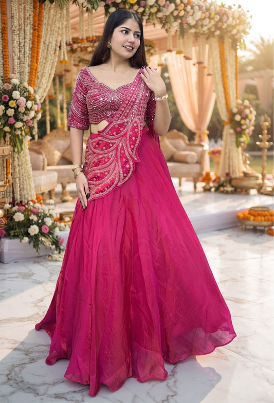 Designer Hand Beaded Saree Style Lehenga Choli with Connected Embellished Drape
