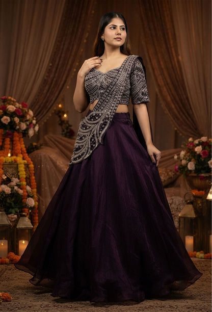 Designer Hand Beaded Saree Style Lehenga Choli with Connected Embellished Drape
