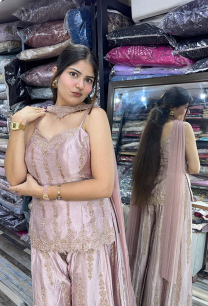 Women's Designer Noodle Strap Embroidered Imported Silk Sharara Suit Set with Choker Dupatta