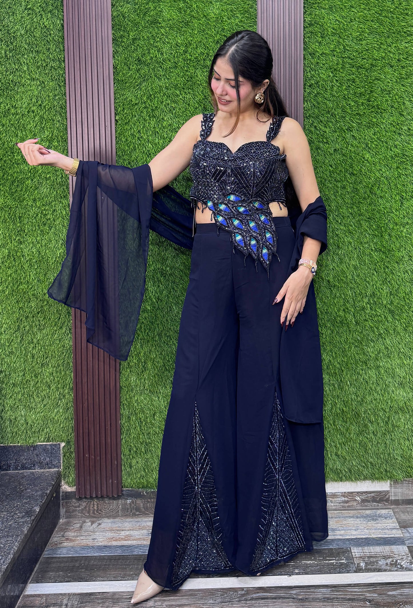 Designer Peacock Embroidered Georgette Crop Top Plazo Set with Dupatta