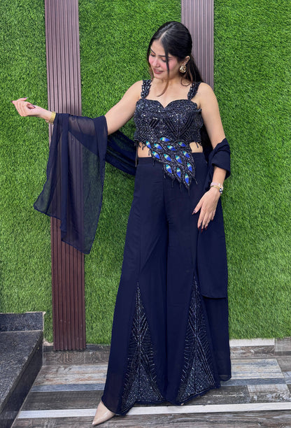 Designer Peacock Embroidered Georgette Crop Top Plazo Set with Dupatta