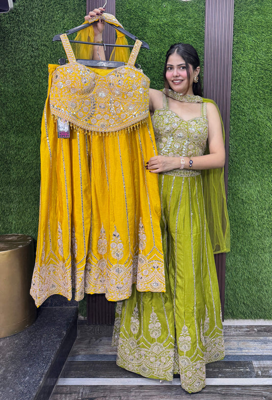 Women's Chinnon Silk Mirror Work Crop Top Sharara Set with Net Choker Dupatta