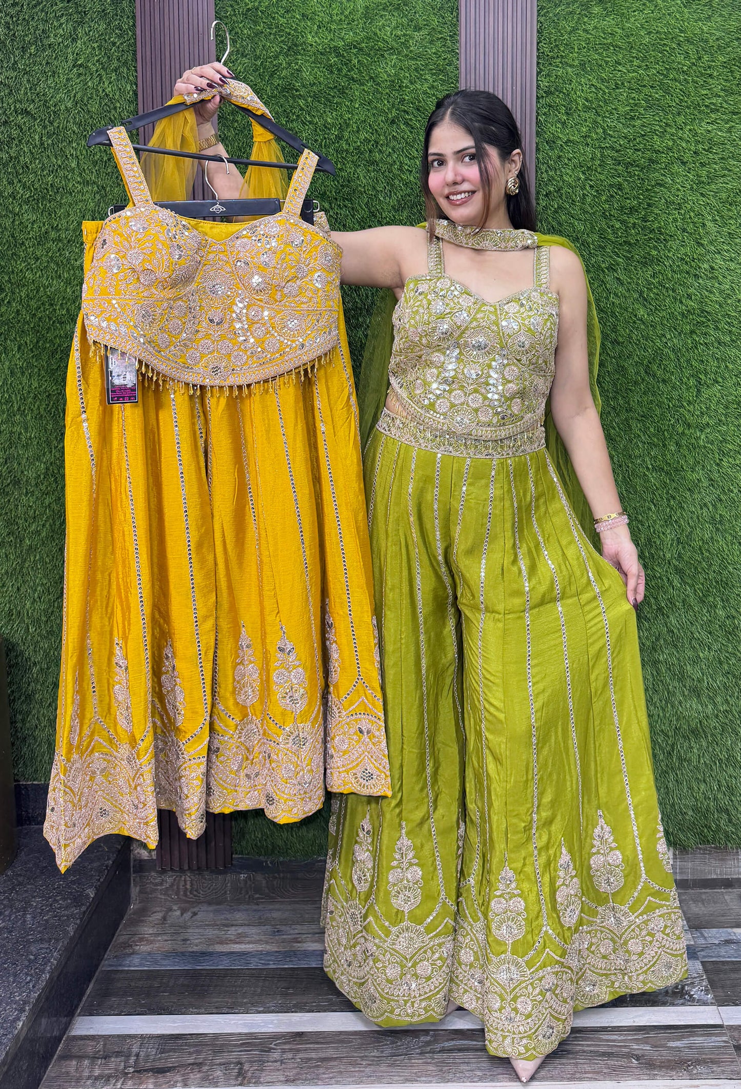 Women's Chinnon Silk Mirror Work Crop Top Sharara Set with Net Choker Dupatta