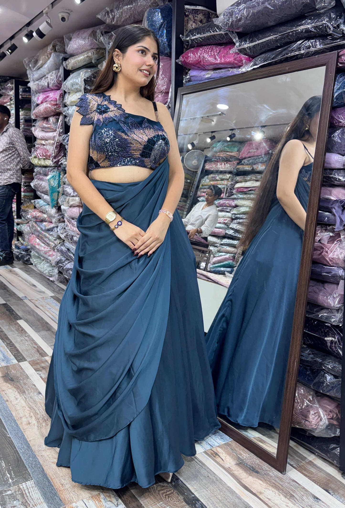 Women's Designer Armani Satin Embroidered Crop Top Skirt Set with Drape & Dupatta