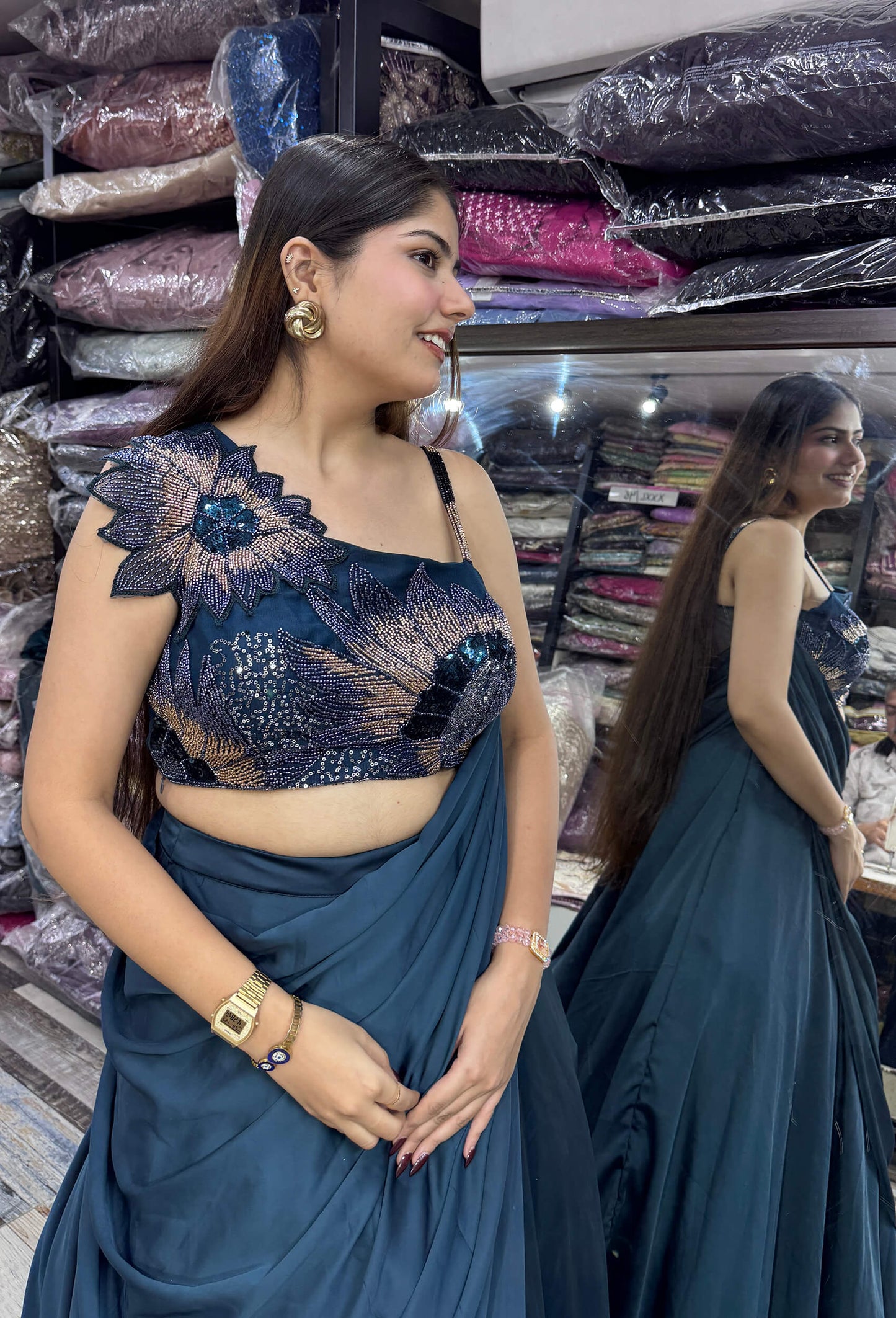 Women's Designer Armani Satin Embroidered Crop Top Skirt Set with Drape & Dupatta