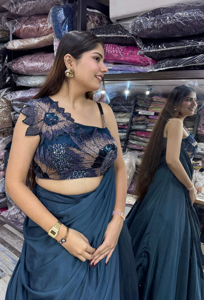 Women's Designer Armani Satin Embroidered Crop Top Skirt Set with Drape & Dupatta