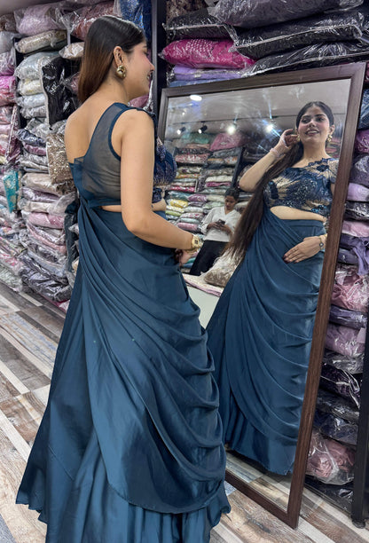 Women's Designer Armani Satin Embroidered Crop Top Skirt Set with Drape & Dupatta