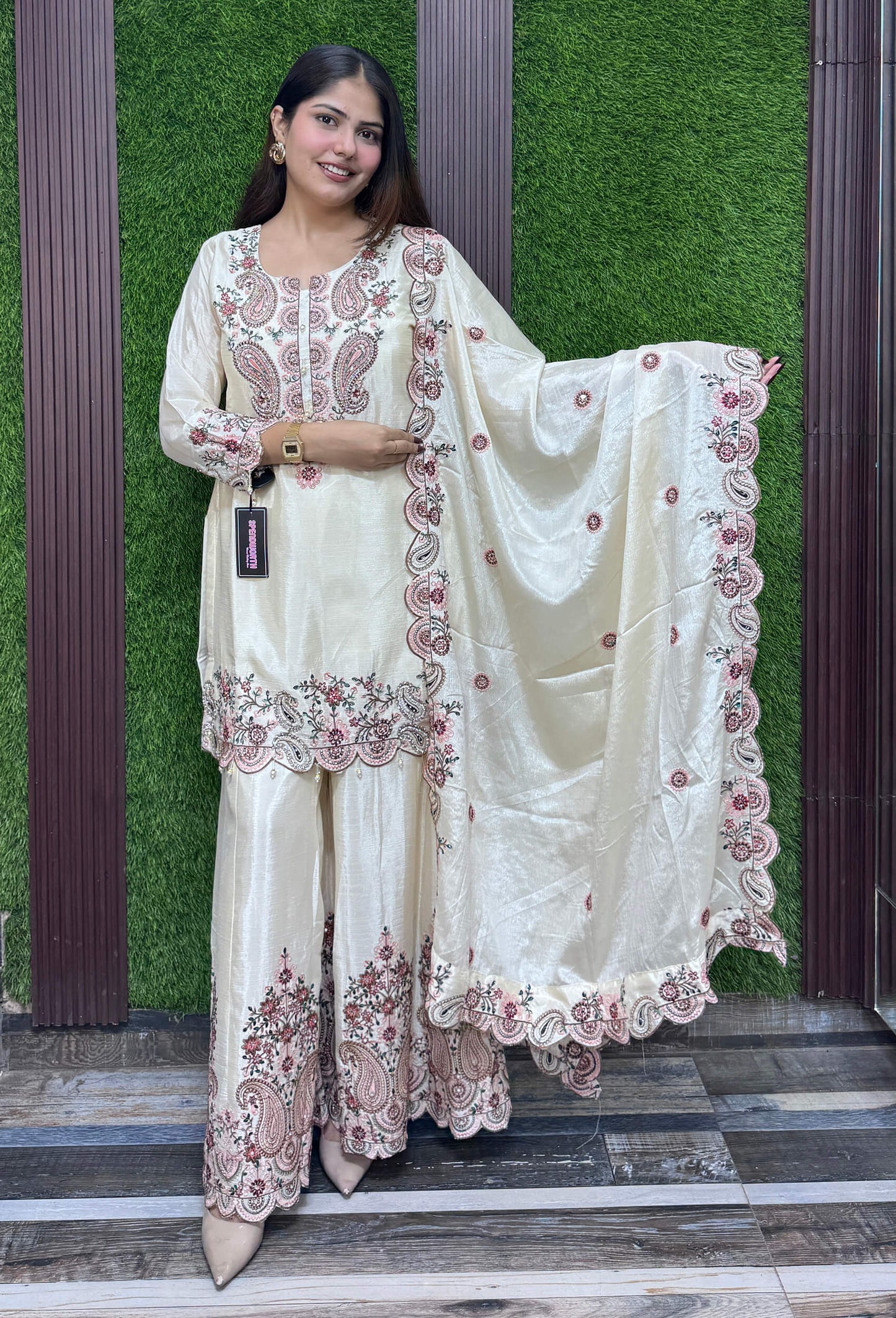 Designer Chinnon Silk Multi Thread Embroidered Sharara Suit Set with Embroidered Dupatta